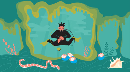 Scuba diving man on the sea bottom. Landscape of underwater cave with snake and diver. Flat Art Vector illustrationのイラスト素材