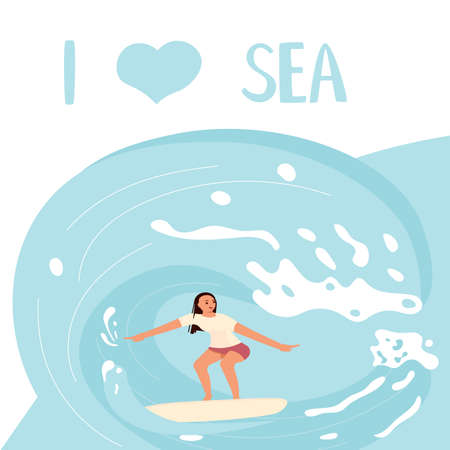 I love Sea square banner template People on summer vacation concept. A young woman Surfer rides the Wave. Flat Art Vector Illustrationのイラスト素材