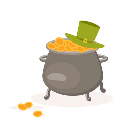 Saint Patricks Day symbols. Pot full of gold coins and green hat. Flat Art Vector illustration.のイラスト素材