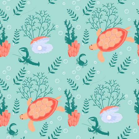 Seamless underwear pattern with turtle and pearl in the shell on dark blue background. Flat Art Vector illustration.のイラスト素材