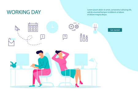 Landing webpage template of business characters working in office. Colleagues or clerks at workplace. Flat Art Vector illustration.のイラスト素材