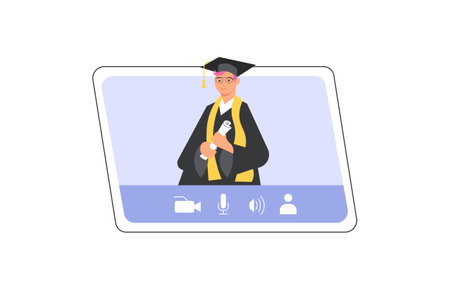 Happy graduate man on pc screen wearing academic gownのイラスト素材