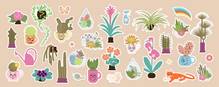 Home plant and urban jungle cute stickers setのイラスト素材