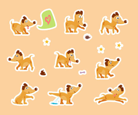 Funny puppy daily dog routine stickers set.のイラスト素材