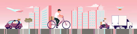 Horizontal banner template of Courier service in the cityのイラスト素材