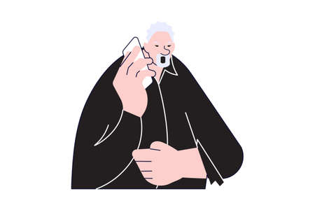 Elderly man in black shirt is speaking by mobile phone.のイラスト素材