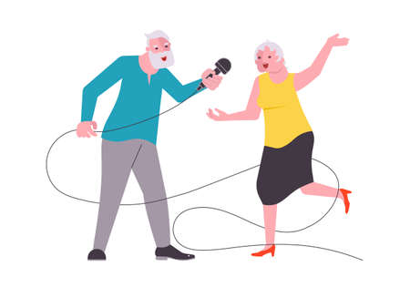 Elderly man and woman singing with microphoneのイラスト素材