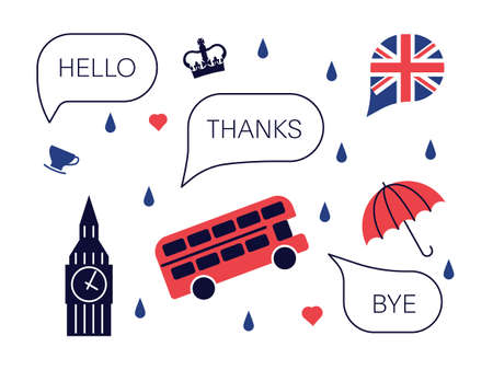 Set of traditional English culture symbols, objects and bubble speechesのイラスト素材