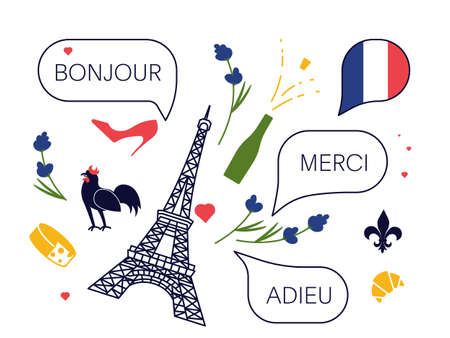 Set of traditional French culture symbols, objects and bubble speechesのイラスト素材