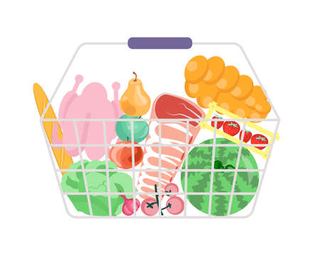 Shopping full basket with food front view.のイラスト素材