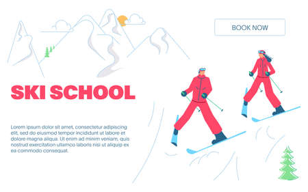 Group of mountain-skiers learning how to ski on slopeのイラスト素材