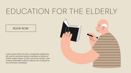 Elderly man holds a notebook in his hand and makes notes in itのイラスト素材
