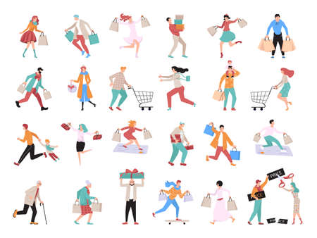 Big set of people hopping at mall or supermarket.のイラスト素材