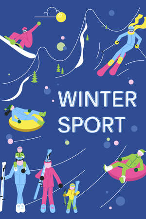Winter Sport banner with skiiers, snowborders and snowsport fun.のイラスト素材