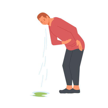 Sick vomiting man is standing. Character suffering from nausea
