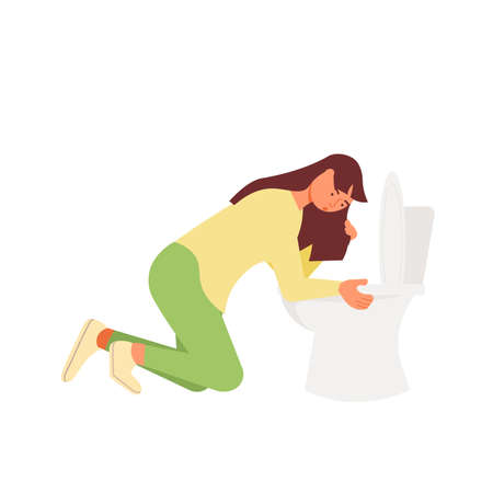 Sick vomiting woman in to the toilet. Character suffering from nauseaのイラスト素材