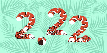 2022 greeting card or invitation banner with stilizated tigersのイラスト素材
