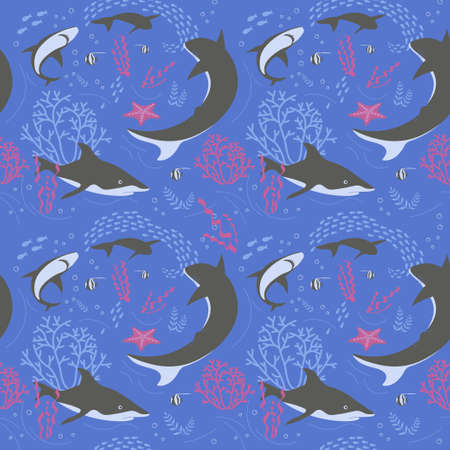 Seamless underwater pattern with sharks and coralsのイラスト素材