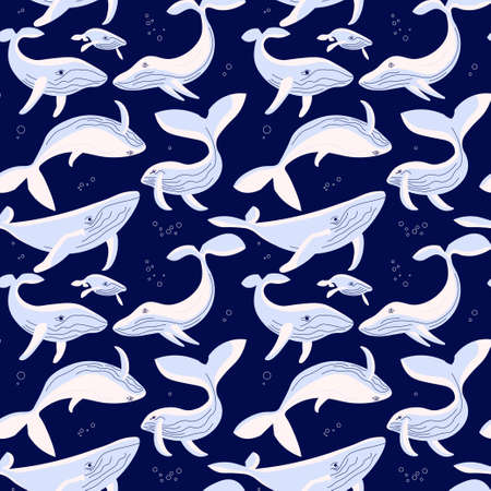 Seamless underwear pattern with whales on dark blue backgroundのイラスト素材