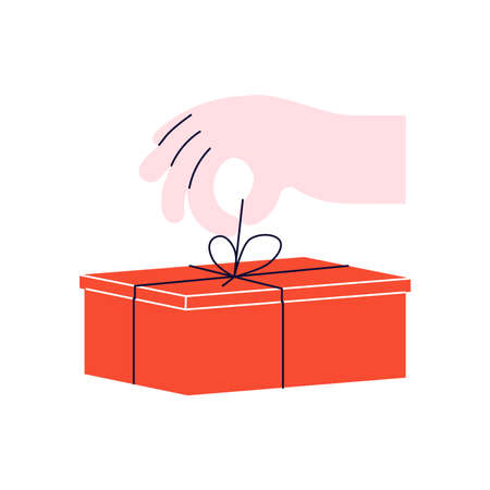 Human hand holding a present. Red gift box for holidays celebrationのイラスト素材