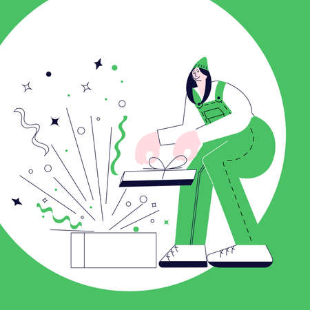 Square bunner with woman got huge gift.のイラスト素材