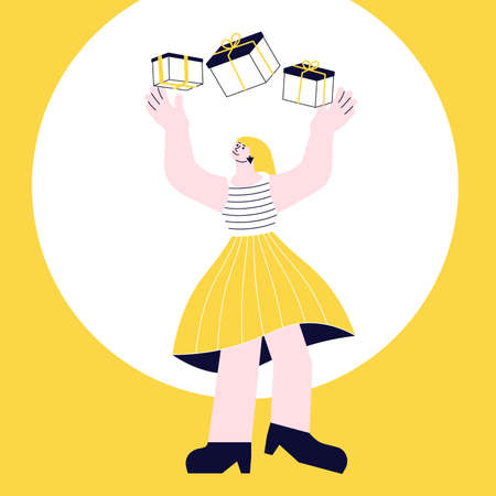 Young woman carrying a huge stack of gifts. Giving presentsのイラスト素材