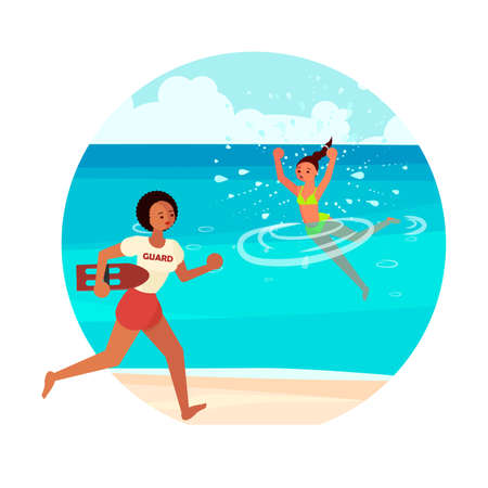 Young woman drowns in the sea. Female lifeguard saving a drownerのイラスト素材