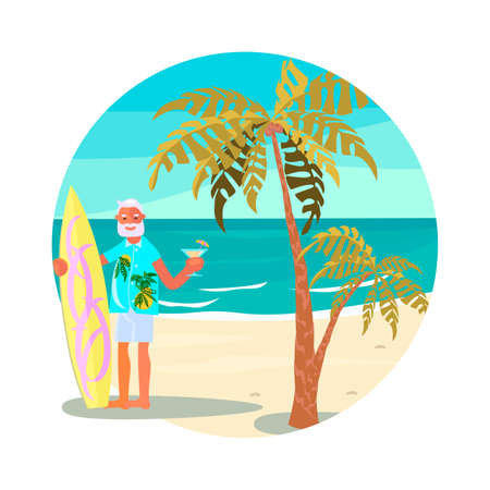Elderly man character with surfboard and cocktail on a sea beachのイラスト素材