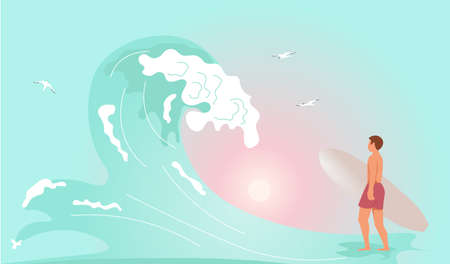 Surfer with surfboard looking at the Barreled Rushing Waveのイラスト素材