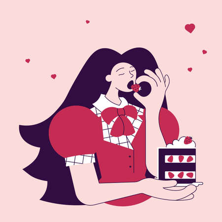 Girl in red enjoying a piece of strawberry cakeのイラスト素材