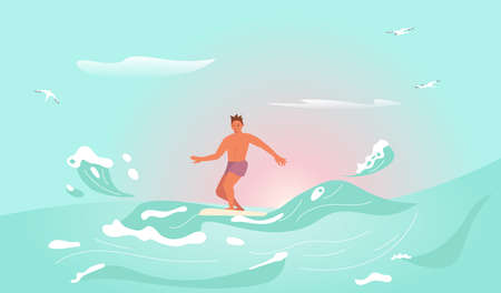 Surfer rides the Barreled Rushing Wave isolated on seascape backgroundのイラスト素材