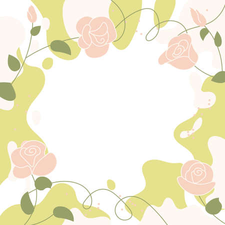 Square art template with pink rose flowers frame, floral and geometric elements. Abstract design for social media posts, decorative greeting card or invitation. Flat Art Vector Illustrationのイラスト素材