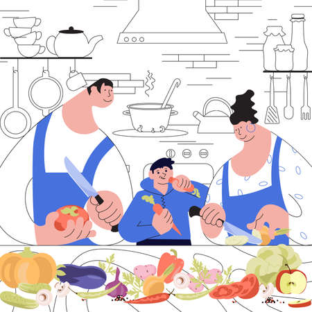 Happy vegetarian family cooking dinner together on kitchen interior backgroundのイラスト素材