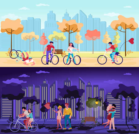 Set of day and night parks panorama horizontal bannerのイラスト素材
