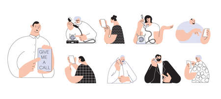 Set of people talking by modern or retro telephone