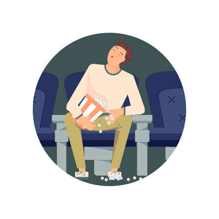 Round template with Tired man sitting in the cinema and sleepingのイラスト素材