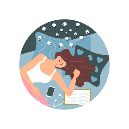Round template with Young woman character is lying on back in bed with insomniaのイラスト素材