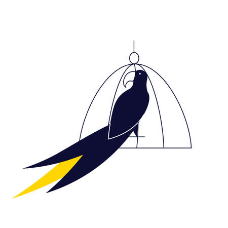 Parrot in a cage, stylized black pet isolated on a white backgroundのイラスト素材