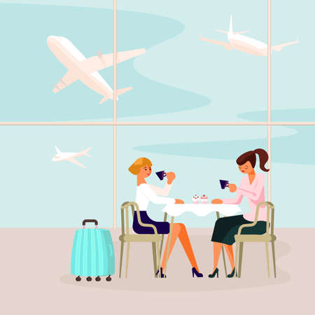Young women sitting at the airport lounge cafe with suitcase.のイラスト素材