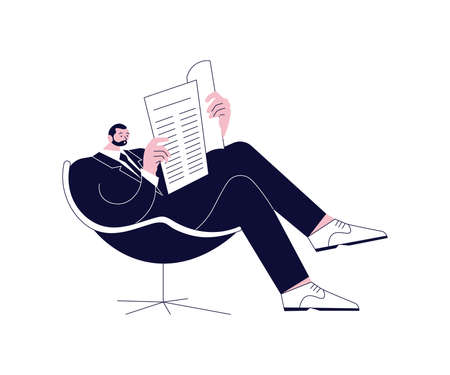 Young man sitting comfortably in a chair and readingのイラスト素材