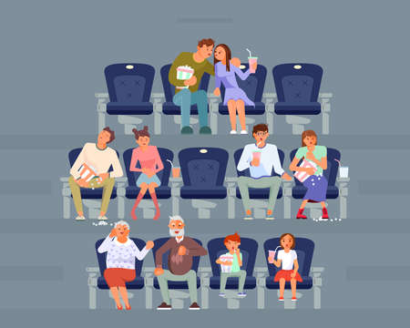 Different people sitting in cinema hall. Vector Illustrationのイラスト素材