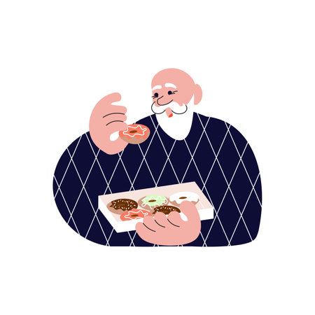 Elderly man eats donuts. Male sweet-tooth isolatedのイラスト素材