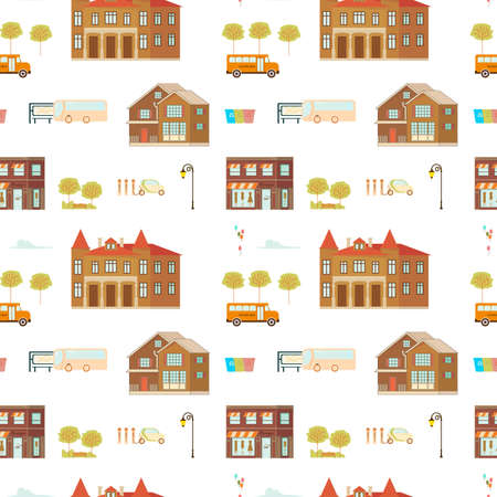 Seamless pattern with cute town print Flat Vectorのイラスト素材