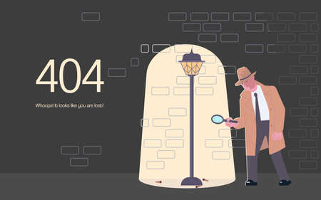404 error not found webpage. layout 404 on white background with detective in darkness. Flat Art...