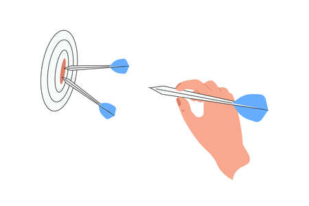 Human hand with dart and target with an arrow in the center. Success strategy design concept isolated on white. Flat Art Vector Illustrationのイラスト素材