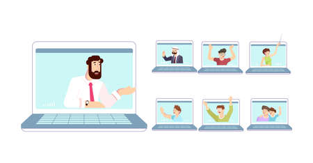 Set of people have a Conference video call, virtual meeting by laptopのイラスト素材