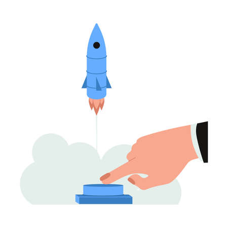 Startup creative abstract horizontal concept with spaceship on white background. Human hand press...