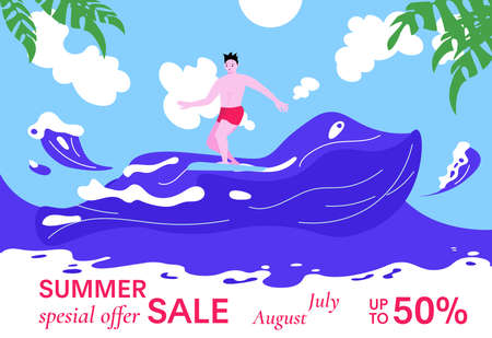 Female surfer rides the Barreled Rushing Wave. Super Summer Sale bright colorful banner. flat art vector illustrationのイラスト素材
