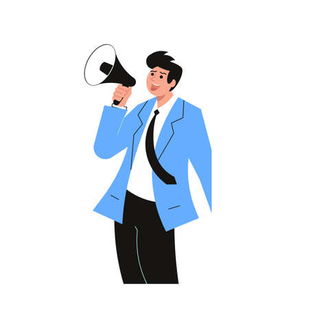 Young business speaks a leadership speech into a shout or a megaphone. The announcement of good news. Flat Art Vector Illustrationのイラスト素材