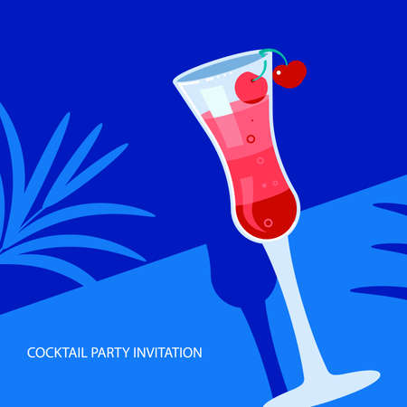 Exotic cocktail on bright blue and palm leaves background banner template for design menu or cocktail party invitation. Flat Art Illustrationの写真素材